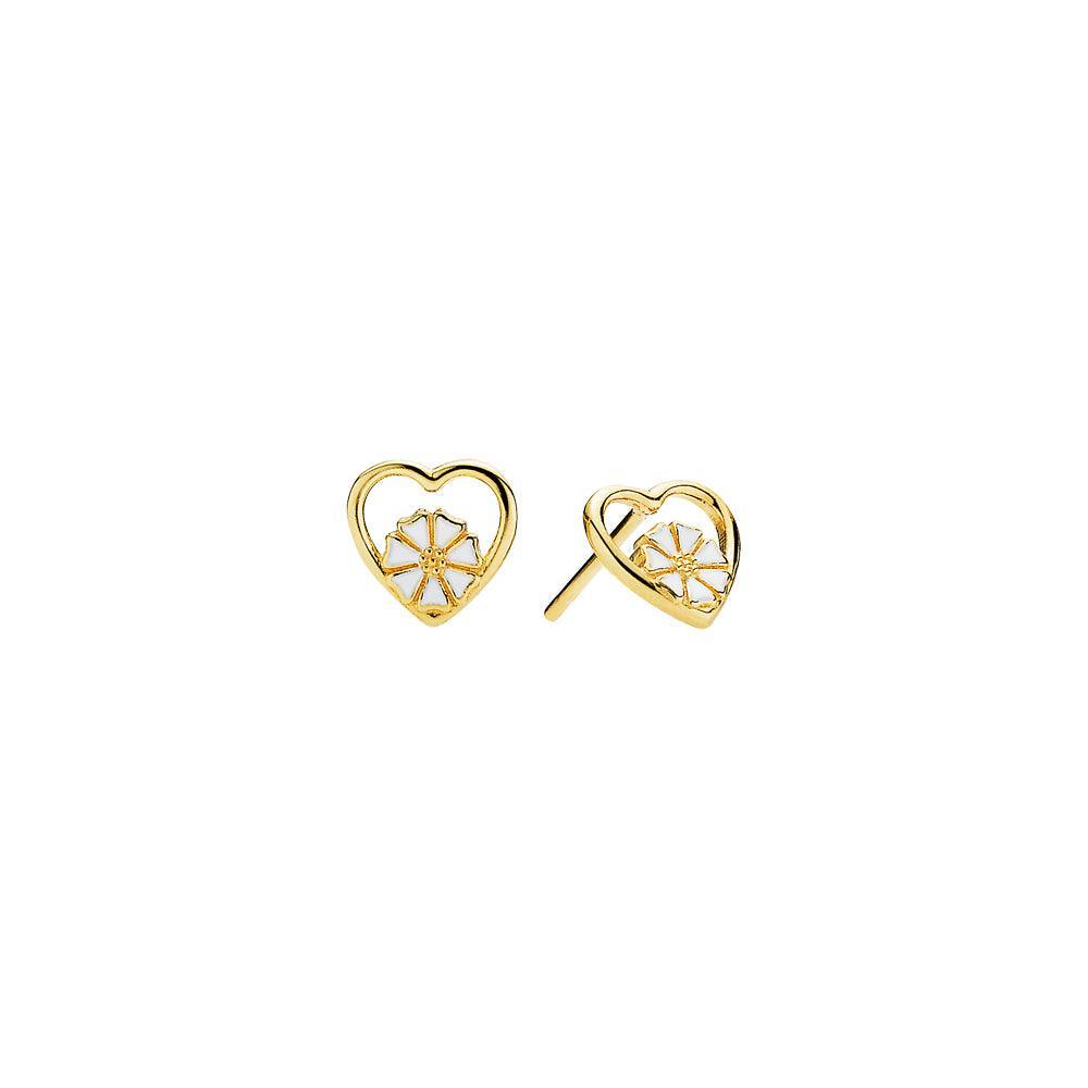 Daisy Heart Studs show small gold plated heart studs with white enamel daisy detail. Model 909249-4-m-1
