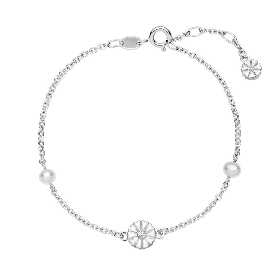 Daisy silver bracelet with pearls can be seen in detail, silver chain with daisy flower and pearls, Model 9015039-33-h