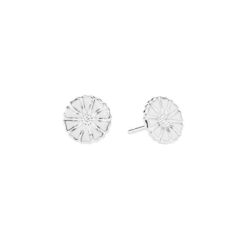 Daisy silver studs 9mm shows a pair of round, white daisy flower studs in shiny silver. Model 909009-4-H-909009-4-H-1.
