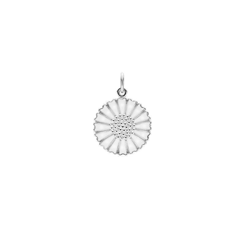 Daisy silver pendant 18mm in glossy white enamel with detailed daisy flower, Model 908018-H