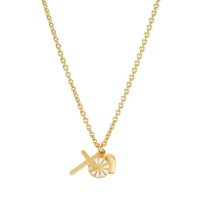 Daisy Faith Hope Love Necklace with golden pendants, cross, heart and daisy, Model 9025053-M