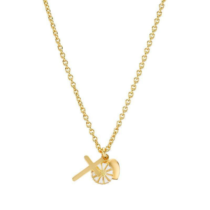 Daisy Faith Hope Love Necklace with golden pendants, cross, heart and daisy, Model 9025053-M
