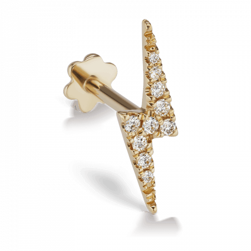 Maria Tash 11mm Diamond Lightning Bolt Threaded Stud shows an elegant lightning bolt stud in gold with diamonds, Model XLB11D-001-1
