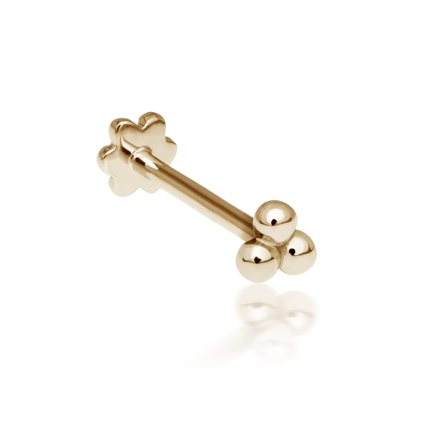 Maria Tash Ball Trinity Threaded Stud 2.5mm appears as an elegant gold ear stud with three balls. Model xbtr-yg-w25-001-1