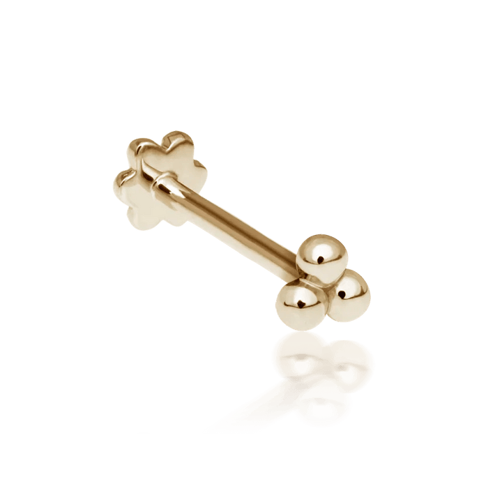 Maria Tash Ball Trinity Threaded Stud 2.5mm appears as an elegant gold ear stud with three balls. Model xbtr-yg-w25-001-1
