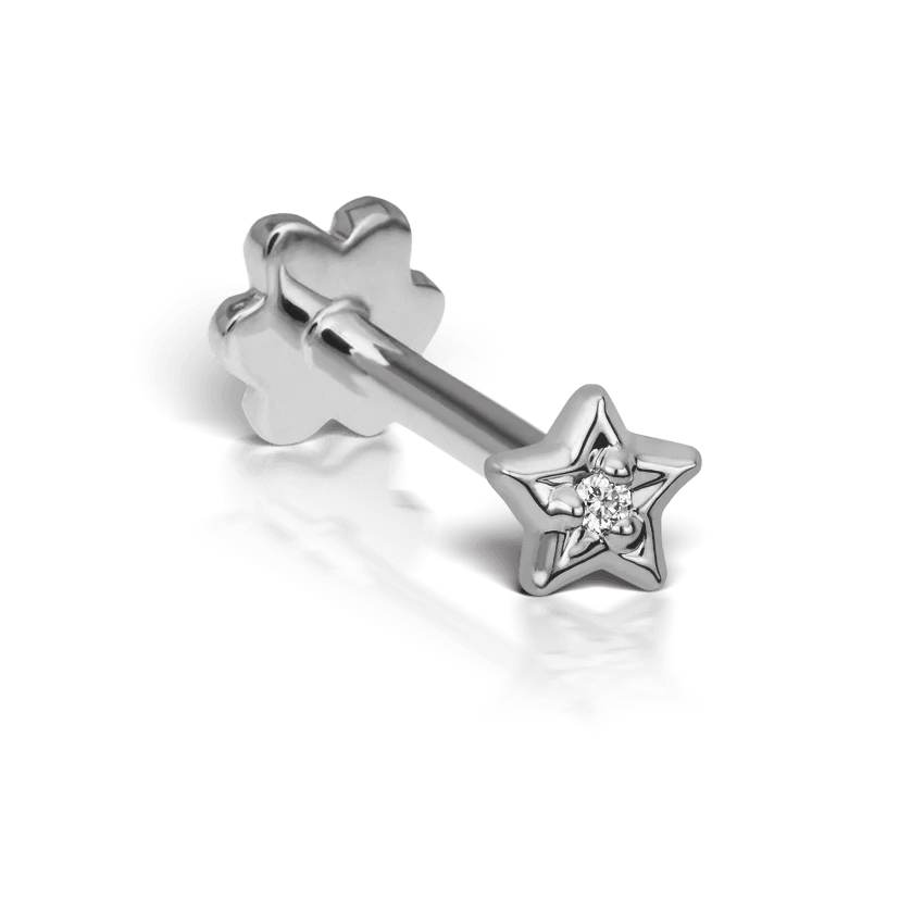 Maria Tash Diamond Solitaire Star white gold stud earrings with star and diamond detail, Model XSSTARD-WG-W3-001-1