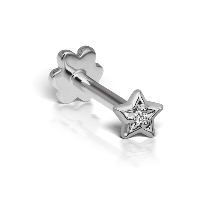 Maria Tash Diamond Solitaire Star white gold stud earrings with star and diamond detail, Model XSSTARD-WG-W3-001-1