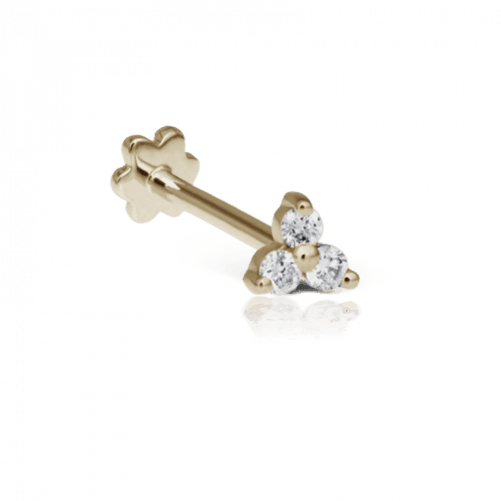 Maria Tash Diamond Trinity Threaded Stud in gold with three clear diamonds, Model x3dtrd-001-1.