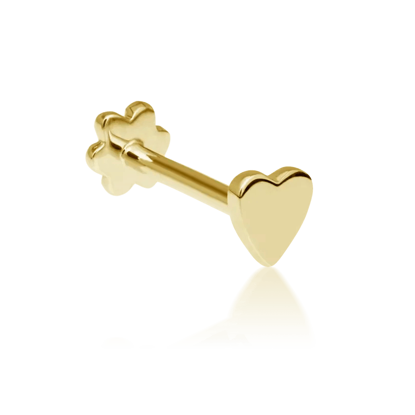 The Maria Tash Heart Threaded Stud is shown as a shiny heart-shaped stud in bright gold. Model xheart-yg-w3-001-1.
