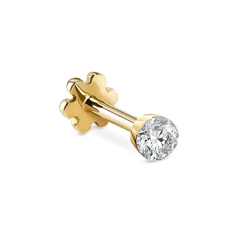 Maria Tash Invisible Set Diamond 2mm in gold with round brilliant, detail photo of earrings. Model XIVD-YG-W2-001-1.