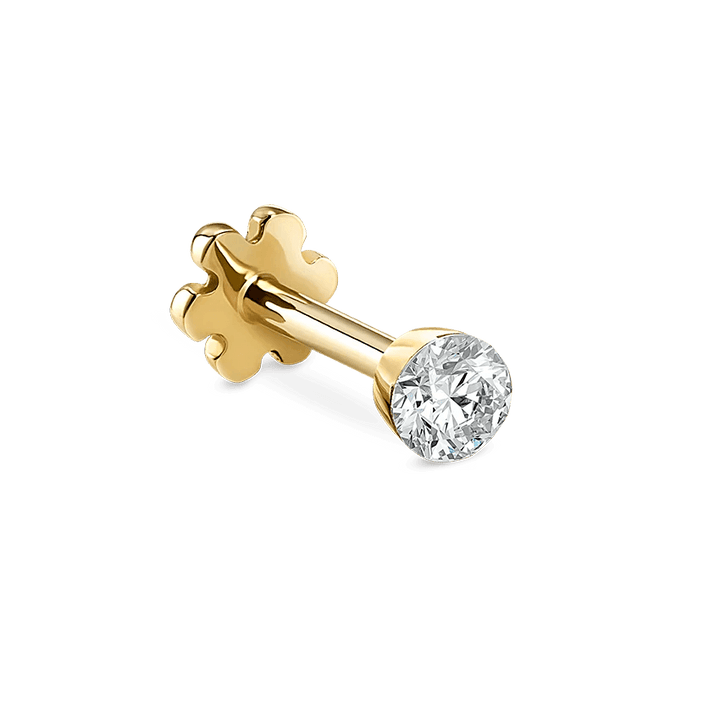 Maria Tash Invisible Set Diamond 2mm in gold with round brilliant, detail photo of earrings. Model XIVD-YG-W2-001-1.