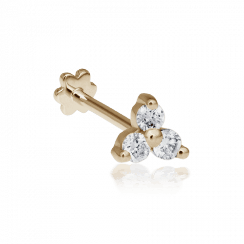 Maria Tash Large Diamond Trinity Threaded Stud shows an elegant gold stud with three diamonds, Model X3DTRDL-001-1.