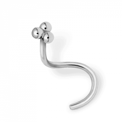Maria Tash Nose piercing Ball Trinity 14kt white gold shows curved nose jewelry with three shiny balls, Model N3BTR-W-1.