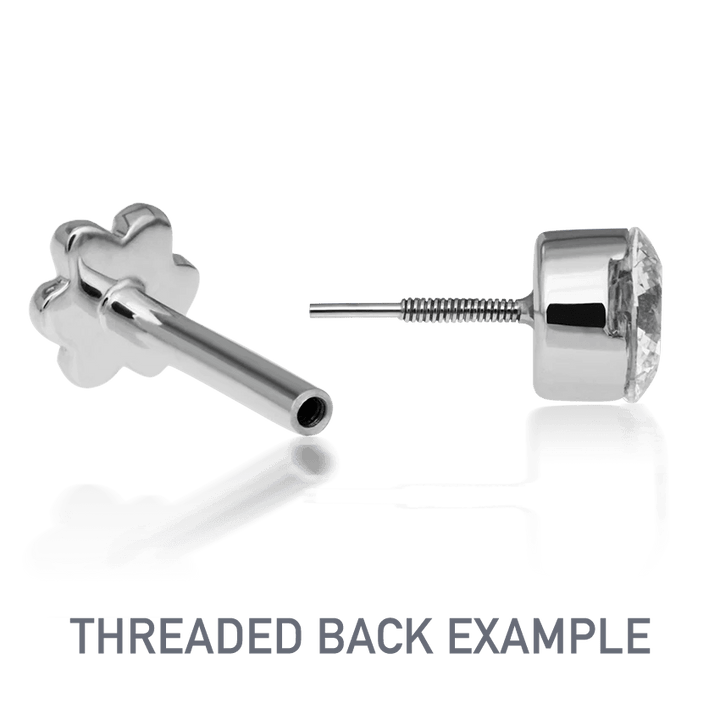 Example of threaded back for ear studs in bright white gold, showing the details for screw closure.