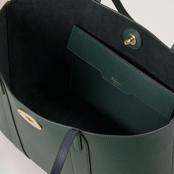 Mulberry Bayswater Tote Small Classic Grain in dark green leather with golden details, open view. Model HH5727205Q633