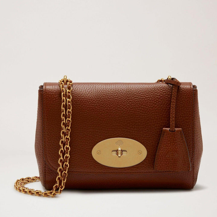 Mulberry Lily Oak Small Classic Grain Leather, brown shoulder bag with gold chain and metal buckle. Model HH8733552G110