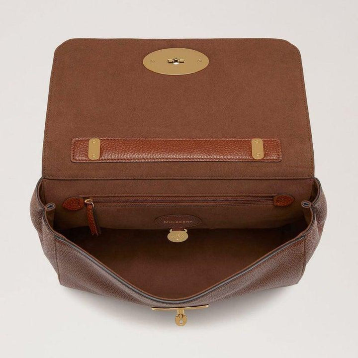 Mulberry Lily Oak Small Classic Grain Leather, brown leather bag with open flap and gold hardware, Model HH8733552G110.