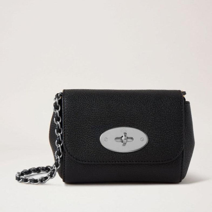 Mulberry Mini Lily black shoulder bag in leather with silver-toned chain strap and lock, Model RL7745874A237