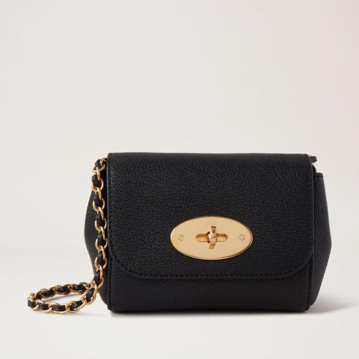 Mulberry Mini Lily Glossy Goat is a black leather bag with a gold chain strap. Model RL7745874A100.