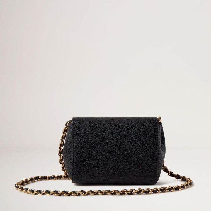 Mulberry Mini Lily Glossy Goat shoulder bag in black leather with gold chain, Model RL7745874A100.