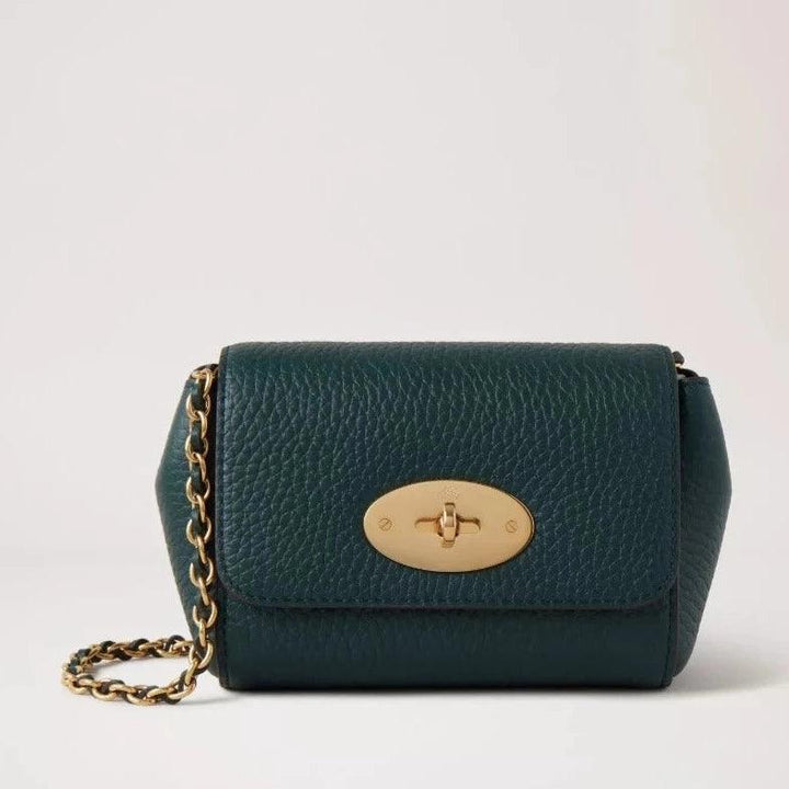Mulberry Mini Lily in dark green leather with gold chain strap and front clasp. Model RL7749736Q633.
