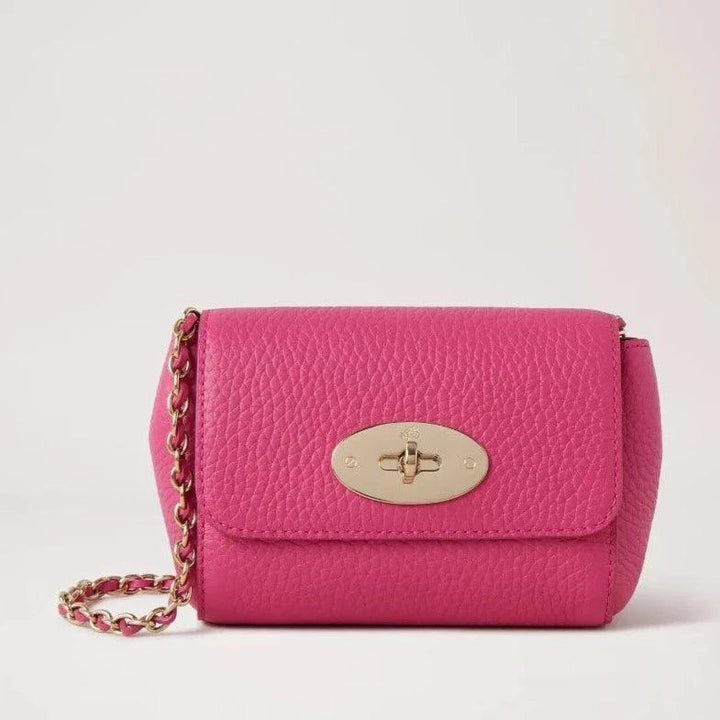 Mulberry Mini Lily mulberry pink clutch in structured leather with gold chain strap. Model RL7749736J191
