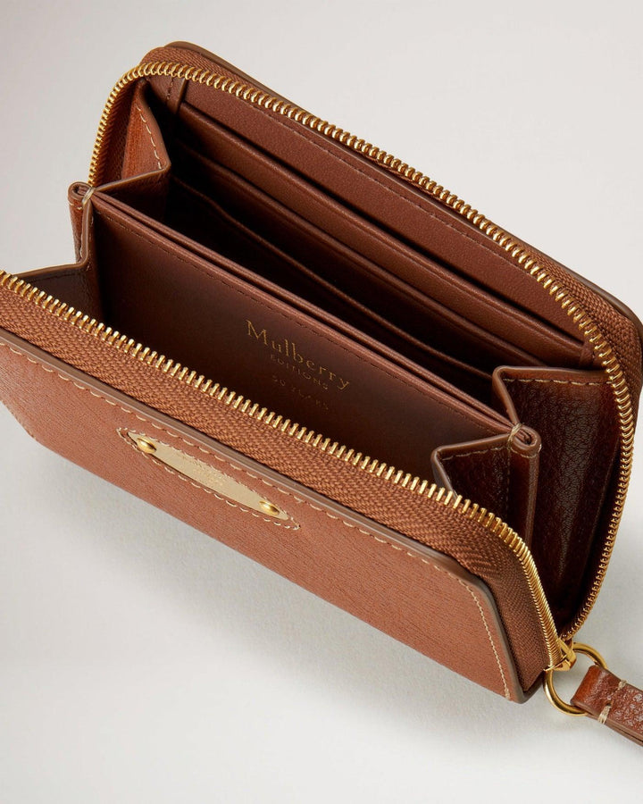 Mulberry Plaque Small Zip Around Shows Brown Leather Wallet With Gold Zipper And Multiple Compartments, Model RL7083-275G110