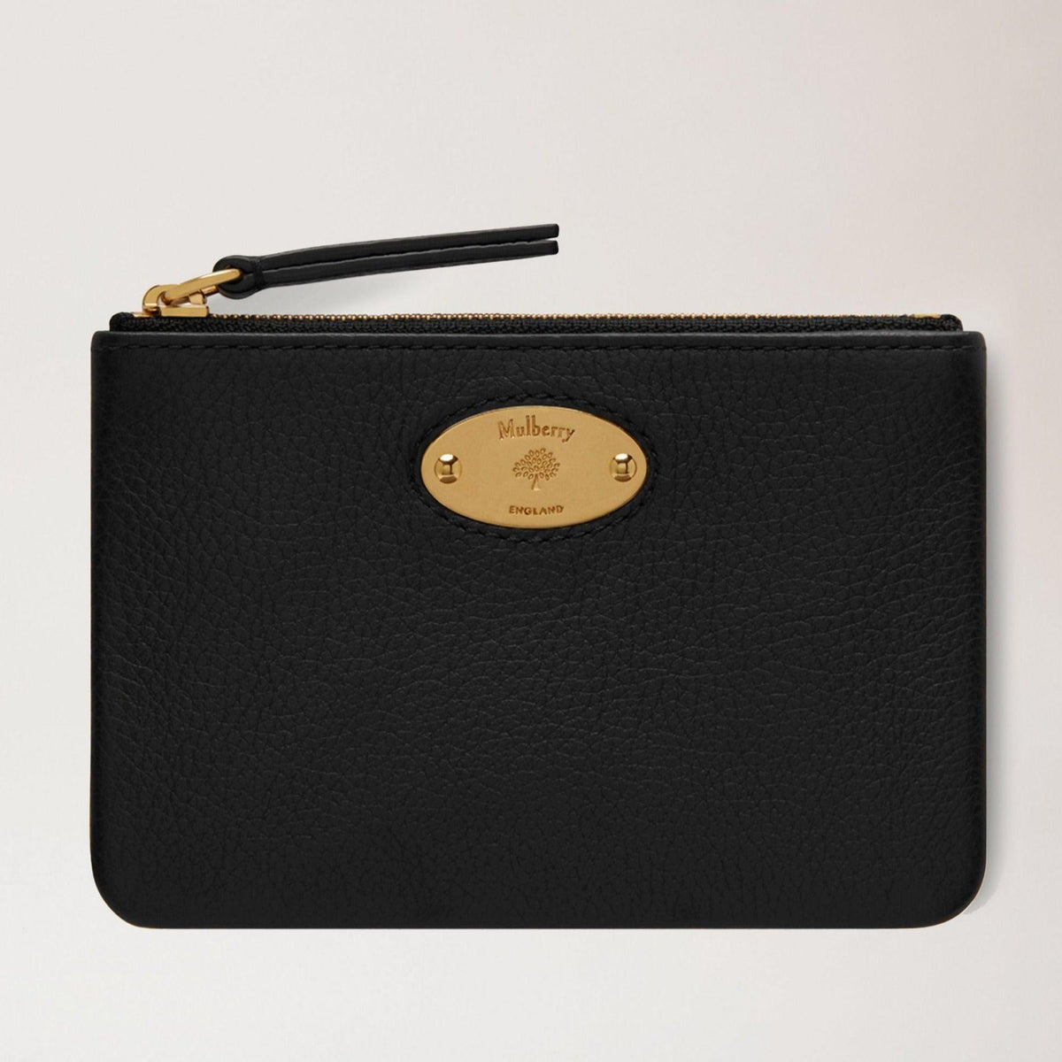 Mulberry Plaque Small Zip Coin Pouch black purse in black leather with gold plate and zipper. Model RL5682013A100