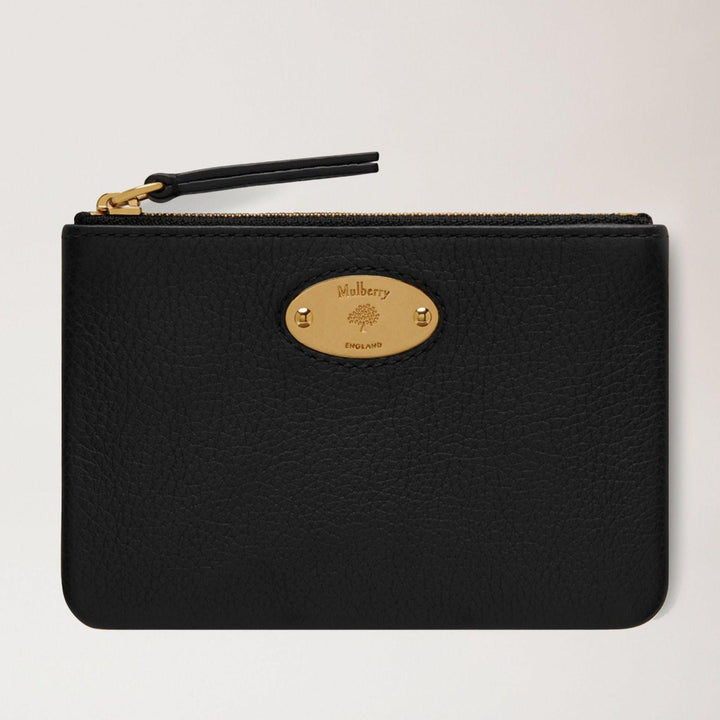 Mulberry Plaque Small Zip Coin Pouch black purse in black leather with gold plate and zipper. Model RL5682013A100