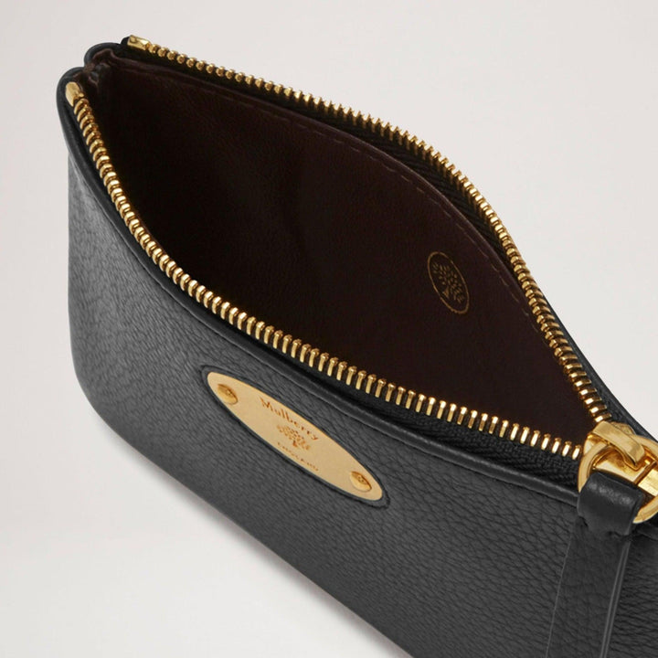Mulberry Plaque Small Zip Coin Pouch in black leather with gold zipper and metal plate, Model RL5682013A100