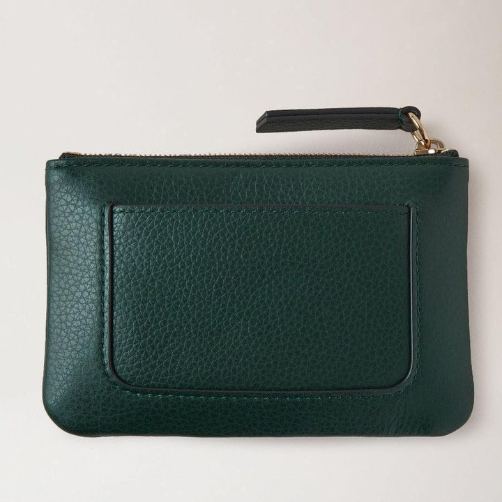Mulberry Wallet Plaque Small Zip Coin Pouch in dark green leather with zipper detail. Model RL7067205Q633.