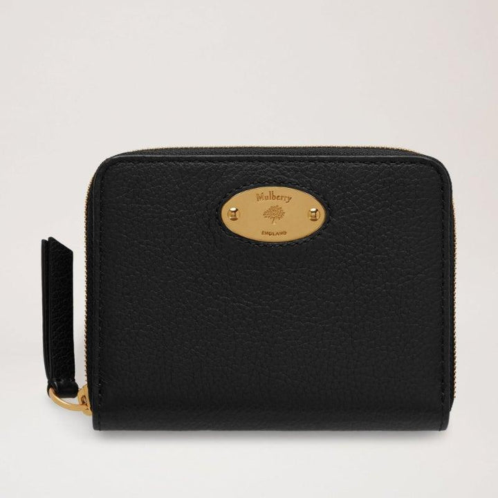 Mulberry Purse Small Plaque Zip Around Purse Classic Grain Black in black leather with golden front plate, Model RL5680013A100