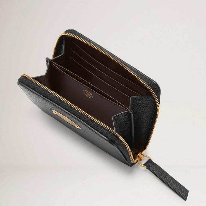 Mulberry Purse Small Plaque Zip Around Purse Classic Grain Black, black leather purse with golden zipper, Model RL5680013A100