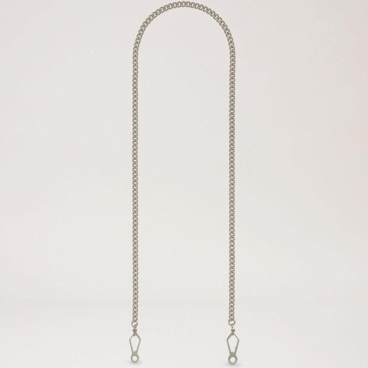 Mulberry Silver Chain Strap shown on white background, elegant silver metal chain strap, Model rx0028669d111