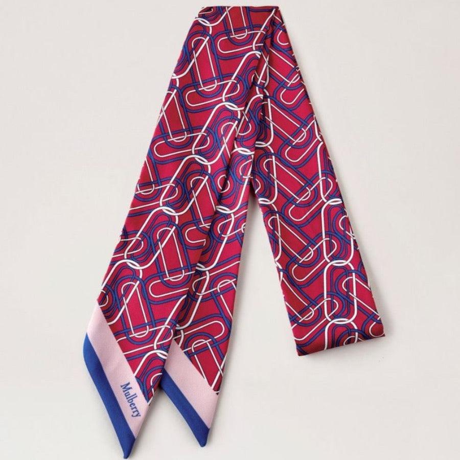 Mulberry Softie Chain Skinny Scarf with Red and Blue Graphic Pattern, Model VS4743920L690