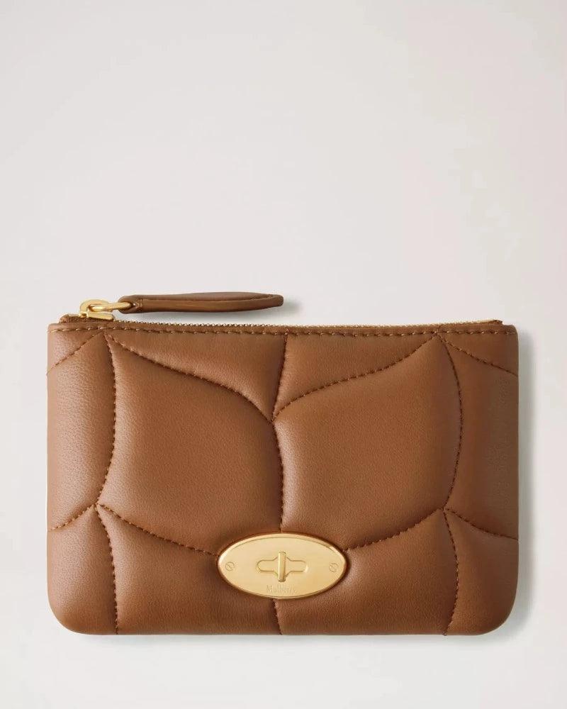 Mulberry Softie Zip Coin Pouch in brown quilted leather with gold colored zipper, Model RL7612530G911.