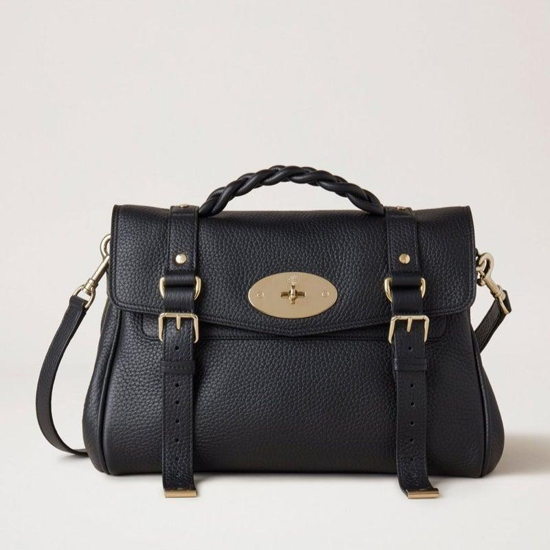 Mulberry Bag Alexa Black Heavy Grain, black shoulder bag in grained leather with gold-colored details, Model HH6746736A100