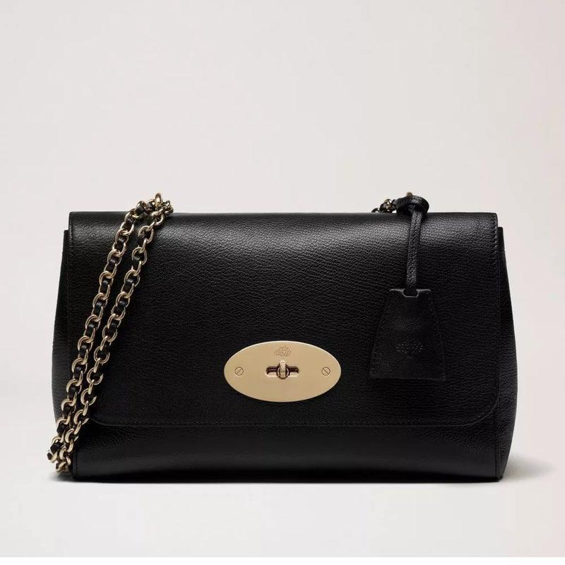 Mulberry Bag Medium Lily Black Glossy Goat in black leather with gold chain strap, Model HH3297874A100.