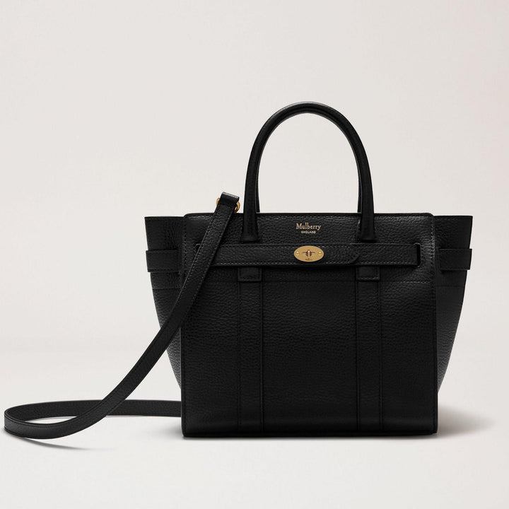 Mulberry Bag Mini Zipped Bayswater Small Classic Grain Black, black leather bag with gold details and adjustable shoulder strap. Model hh4949205a100