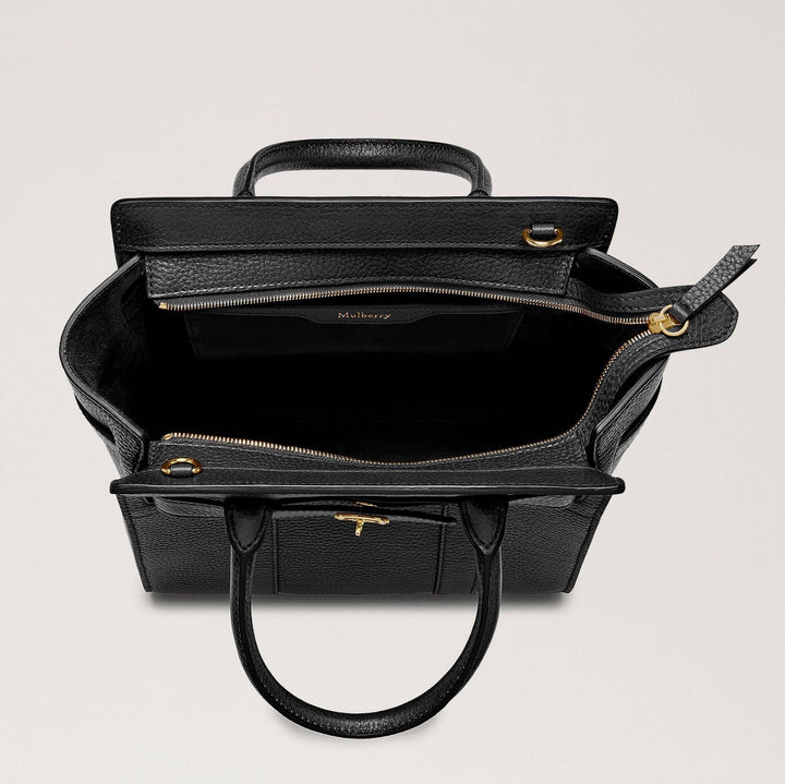 Mulberry Bag Mini Zipped Bayswater Small Classic Grain Black, open black leather bag with gold zipper and handle. Model HH4949205A100