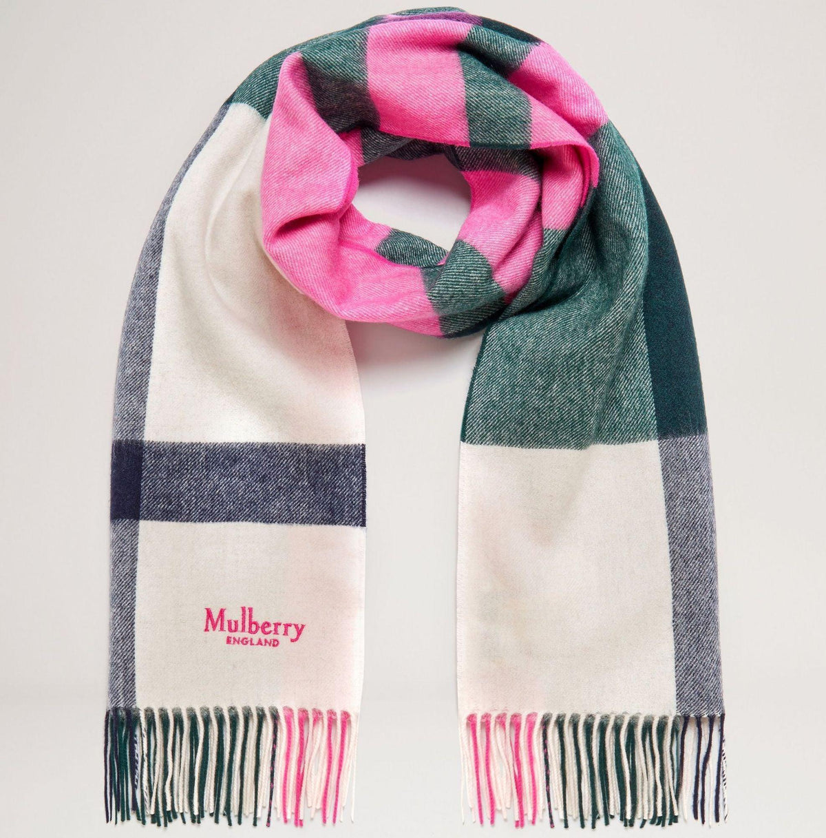 Mulberry Scarf Large Merino Wool Scarf 70 x 200 shown unfolded with checks in pink, green and white, Model VS4295889H130