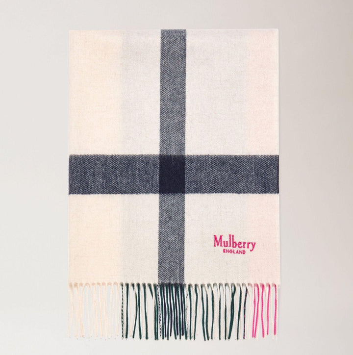 Mulberry Scarf Large Merino Wool Scarf 70 x 200, light scarf with dark checks and fringes, Model vs4295889h130