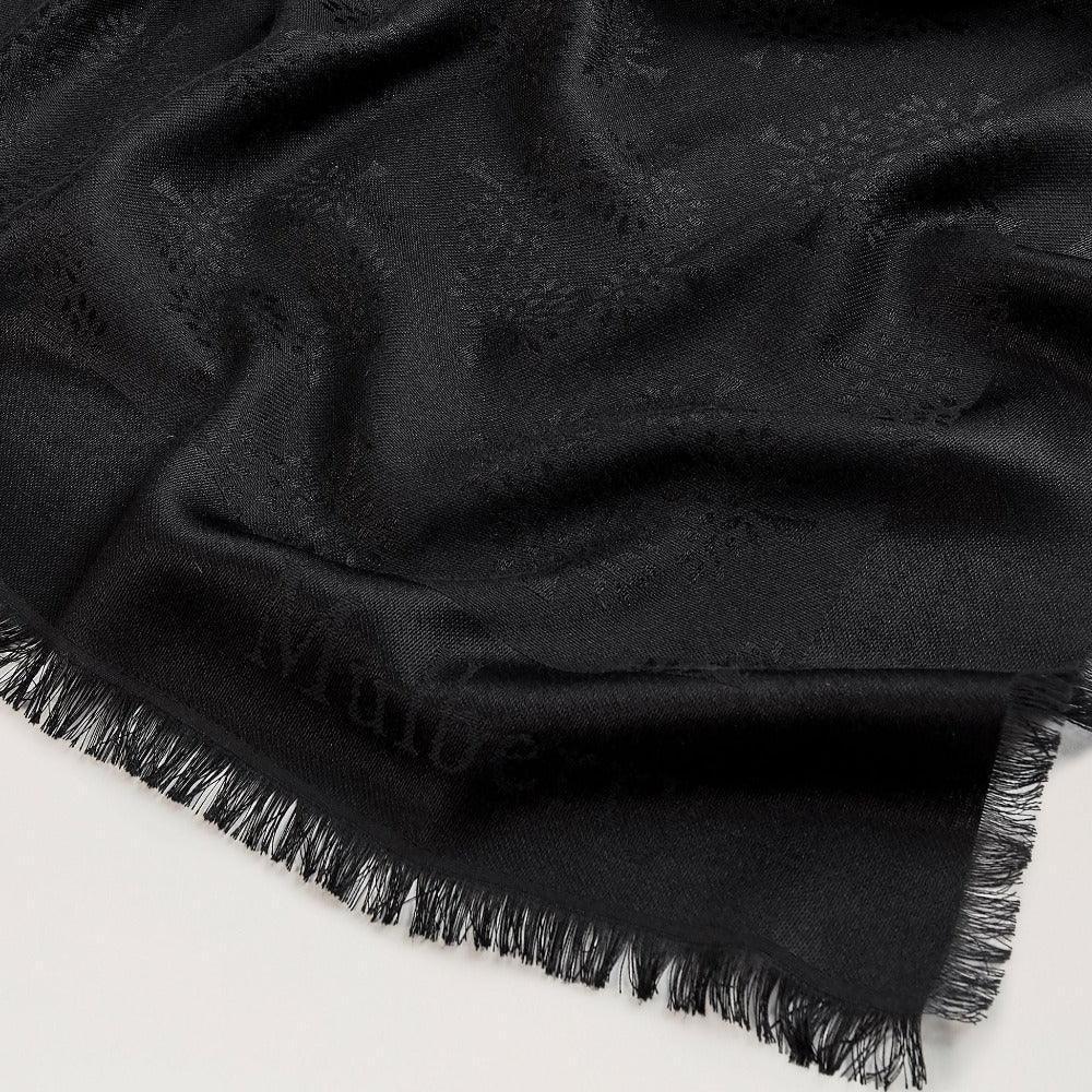 Mulberry Tree Square Silk Black, black silk scarf with tone-on-tone pattern and fringed edge. Model vs4639709a100
