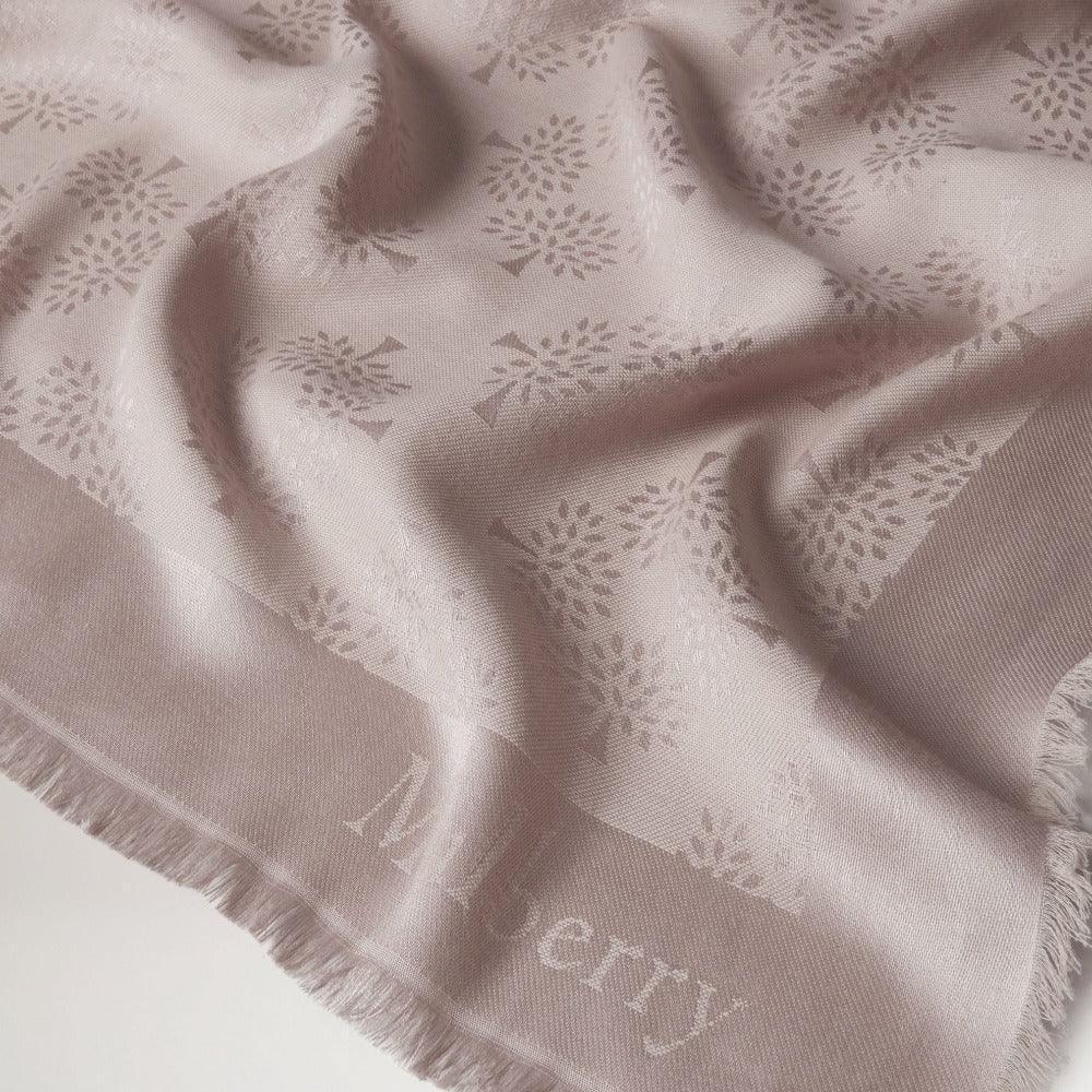 Mulberry Tree Square Silk Organic Cotton Rosewater scarf in light pink with tree pattern, slight fringe. Model VS4639709J633