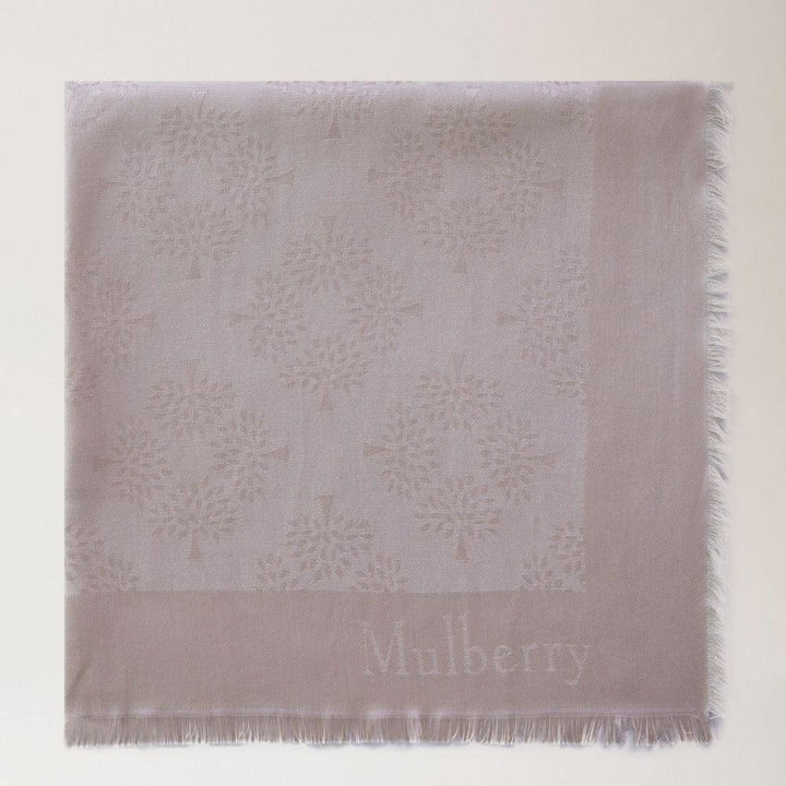 Mulberry Tree Square Silk Organic Cotton Rosewater scarf in dusty pink, woven tree motif and fringed edge. Model VS4639709J633-2.