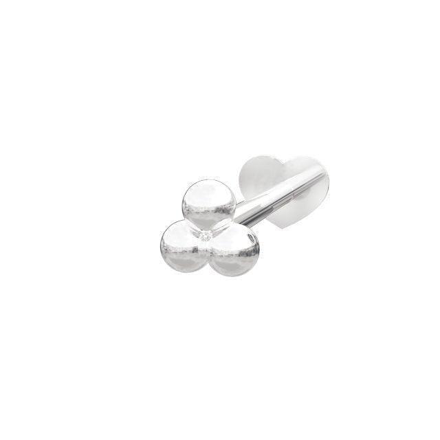 Nordahl silver piercing with 3 balls, shows detail of shiny silver piercing with three small balls. Model 314002-9-1