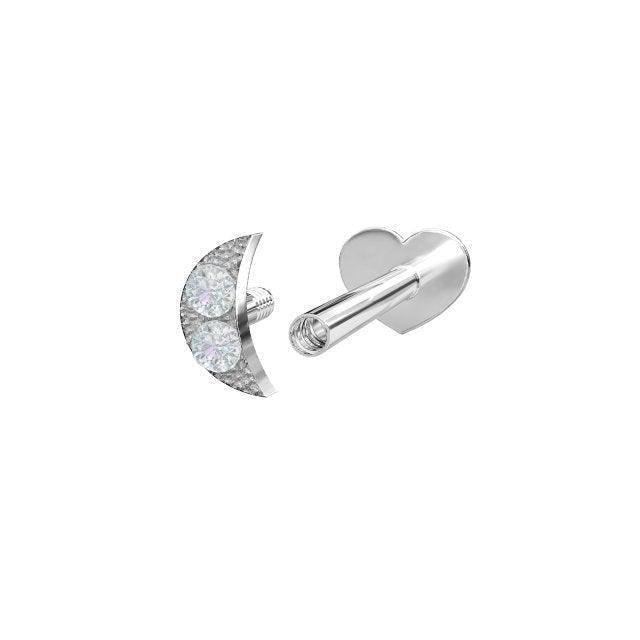 nordahl-silver-piercing-moon-314006cz9 shows a crescent shaped silver piercing with clear stones and heart closure. Model 314006cz9.