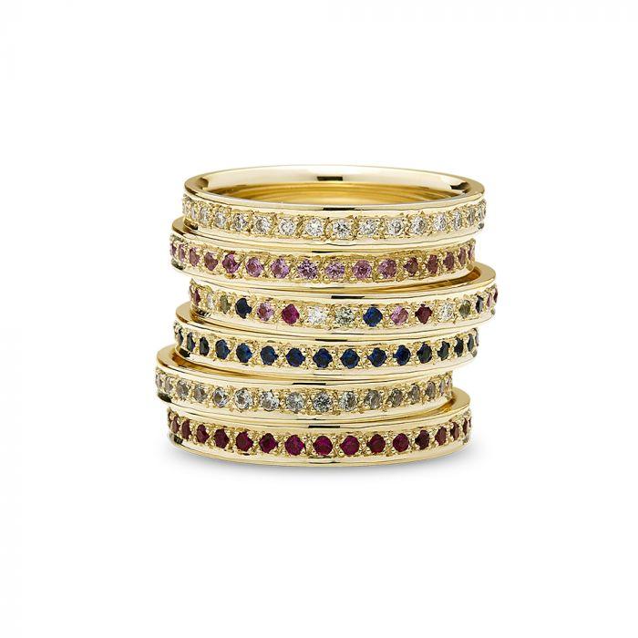 nuran 14kt Diwa ring with diamonds, gold ring with white, blue, purple and red stones. Model a3920-035-001-2