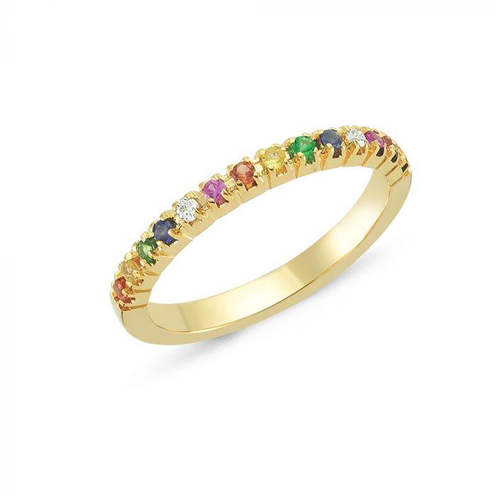 Nuran 14kt Pera Ring with Gemstones shows a slim gold ring set with colored gemstones. Model A2500-MUL-001