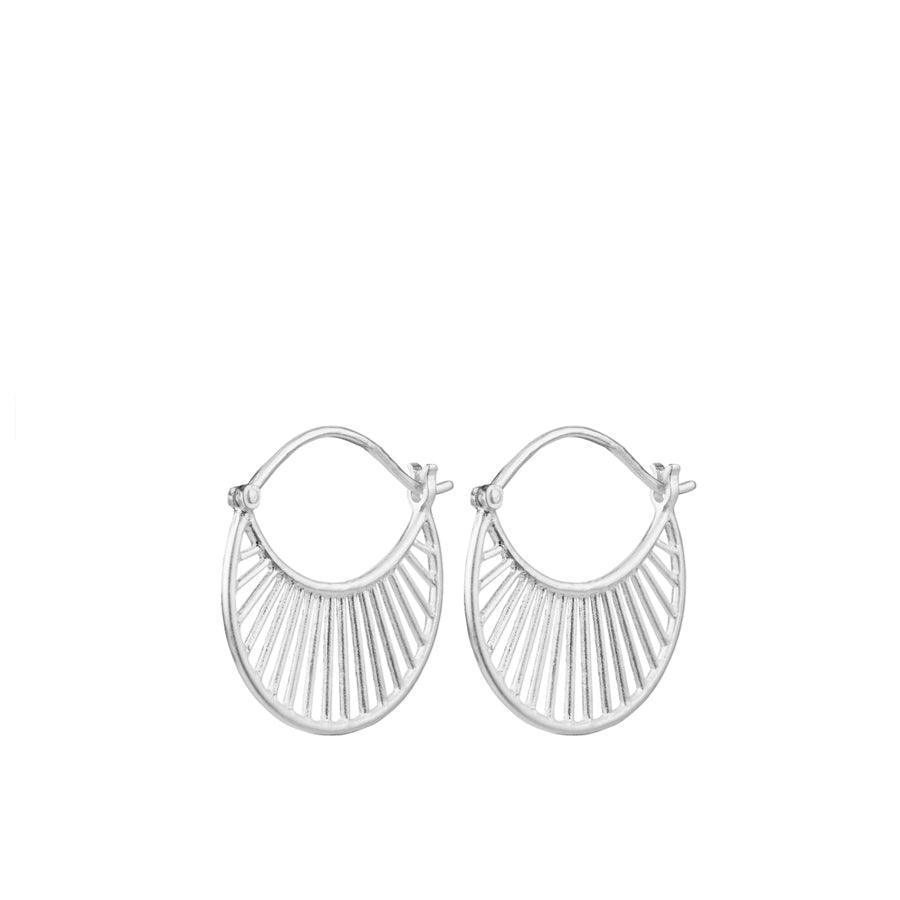 Pernille Corydon Daylight Earrings E-571-S in silver with elegant sunbeam design on white background. Model E-571-S.
